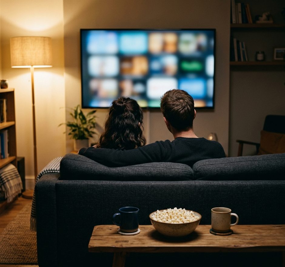 A couple watching a wall-mounted television in a warm, lamp-lit living room